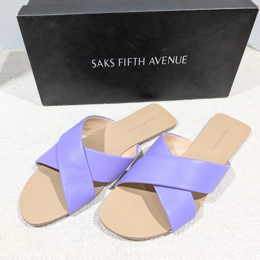 Saks Fifth Avenue Anne Purple Leather Crisscross Slide Sandals 7.5 M NIB